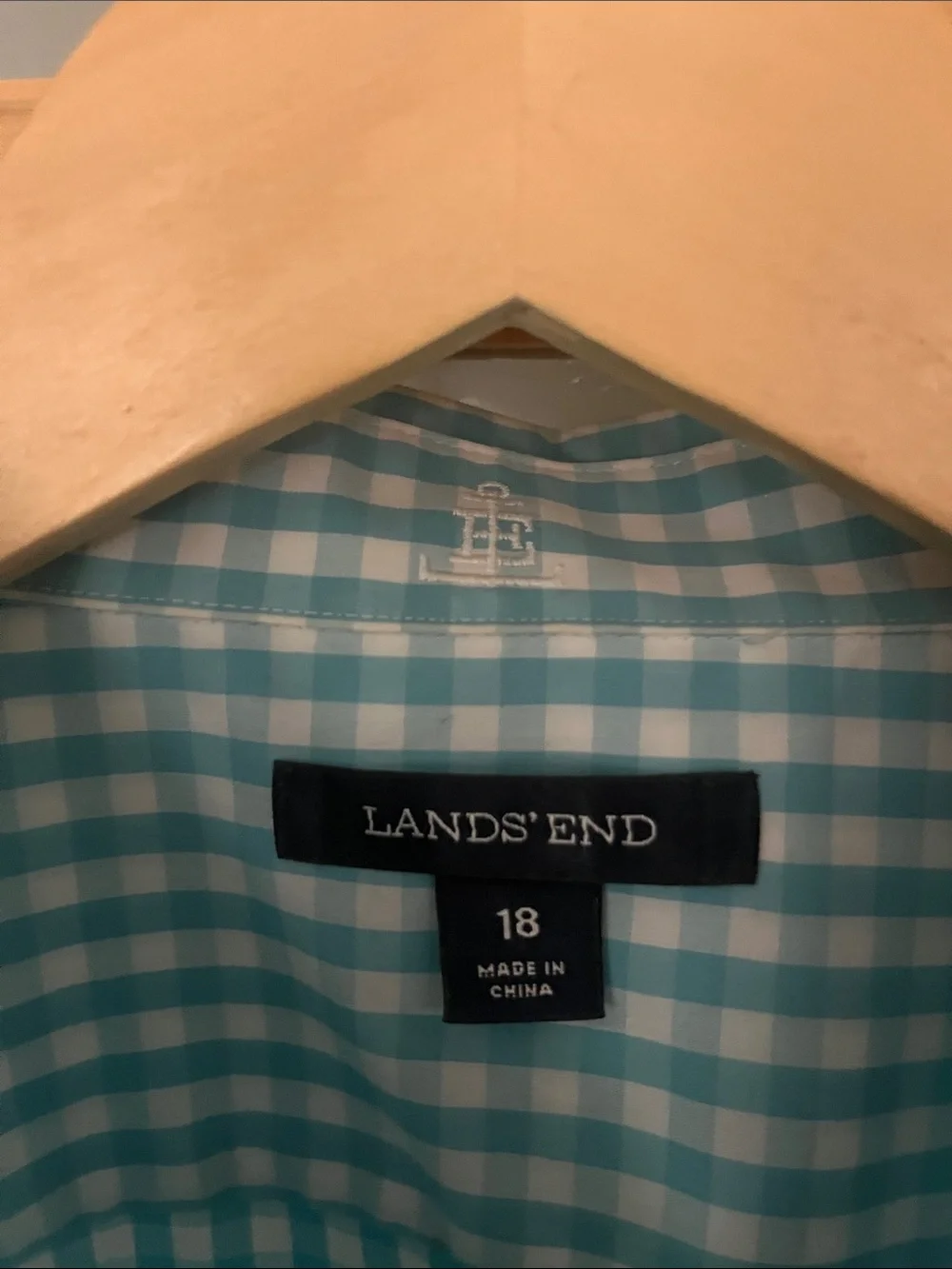 Boys LANDS END turquoise gingham plaid button down sz 18 EUC